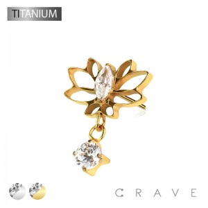 IMPLANT GRADE TITANIUM THREADLESS PUSH IN CZ LOTUS FLOWER WITH ROUND CZ DANGLE TOP PART